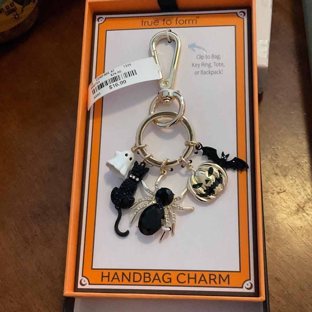 Halloween Handbag Charm with Black Gem Spider and Pumpkin